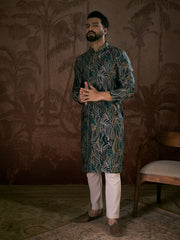 Ethnic Bay Men Navy Blue Silk Blend Abstract Printed Straight Kurta With Trouser-MKSET1958
