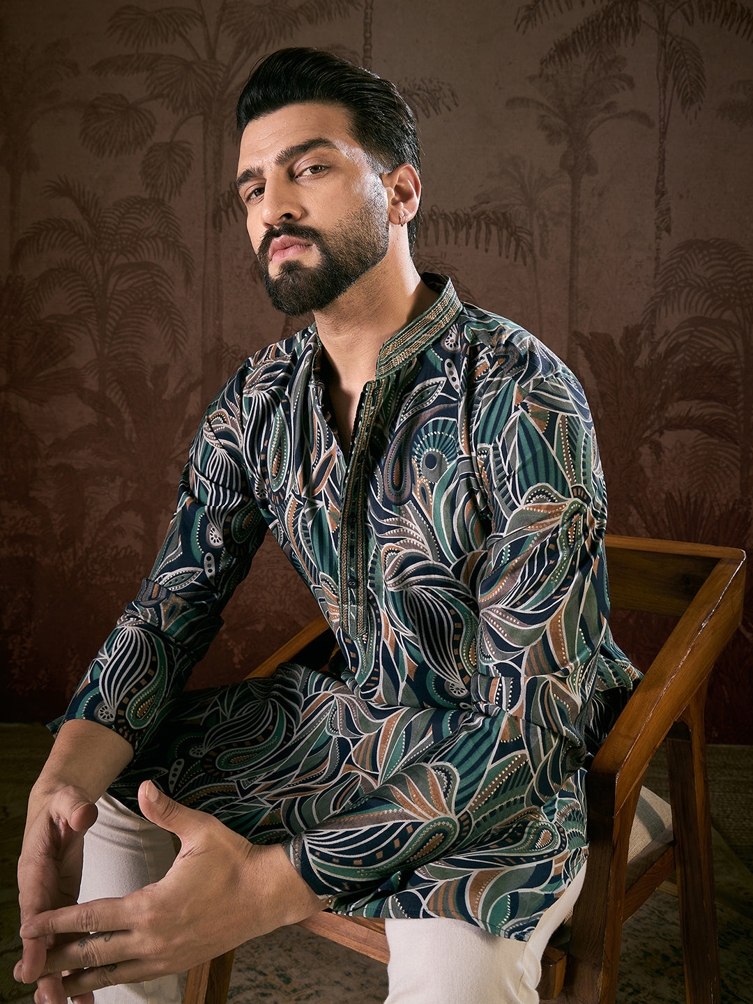 Ethnic Bay Men Navy Blue Silk Blend Abstract Printed Straight Kurta With Trouser