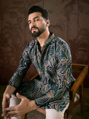 Ethnic Bay Men Navy Blue Silk Blend Abstract Printed Straight Kurta With Trouser-MKSET1958