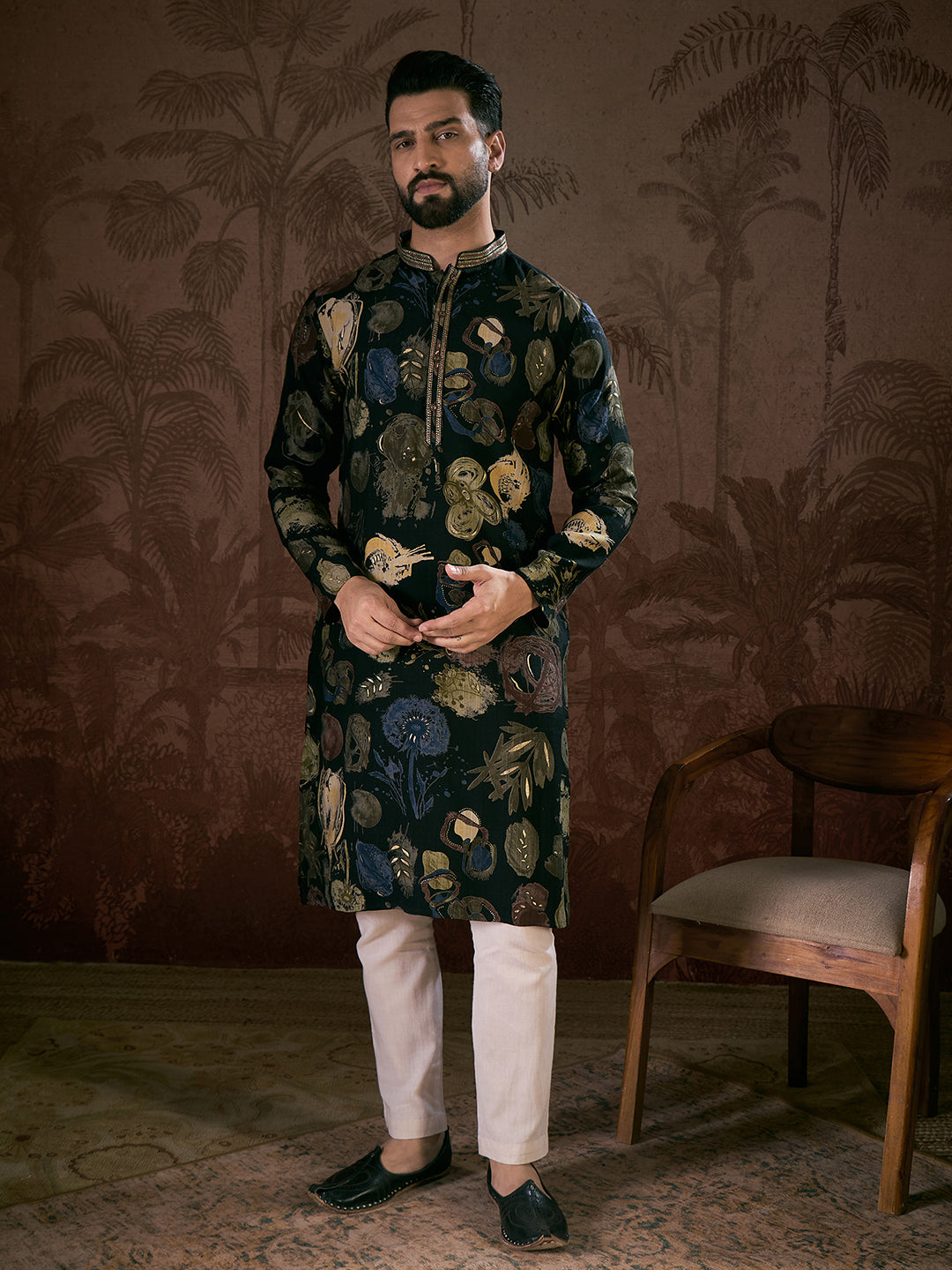 Ethnic Bay Men Black Silk Blend Floral Printed Straight Kurta With Trouser