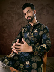 Ethnic Bay Men Black Silk Blend Floral Printed Straight Kurta With Trouser-MKSET1960