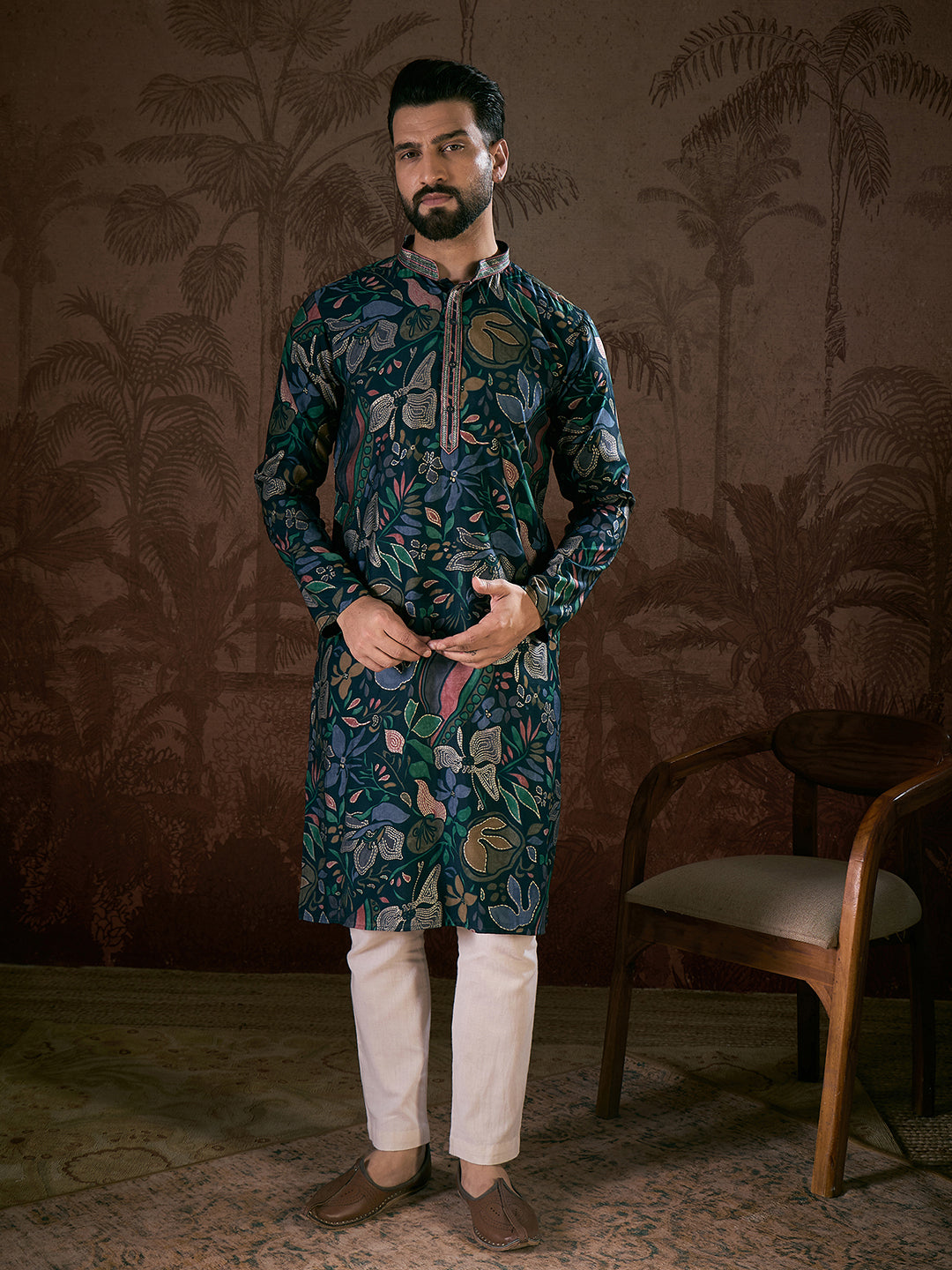 Ethnic Bay Men Blue Silk Blend Floral Printed Straight Kurta With Trouser
