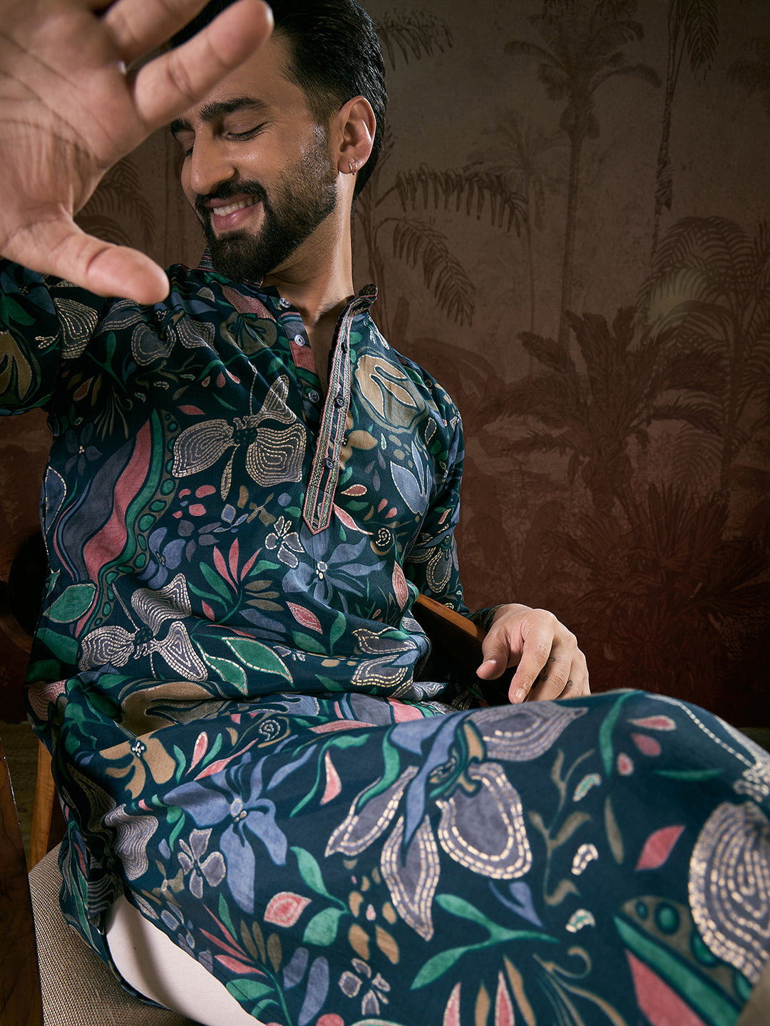 Ethnic Bay Men Blue Silk Blend Floral Printed Straight Kurta With Trouser