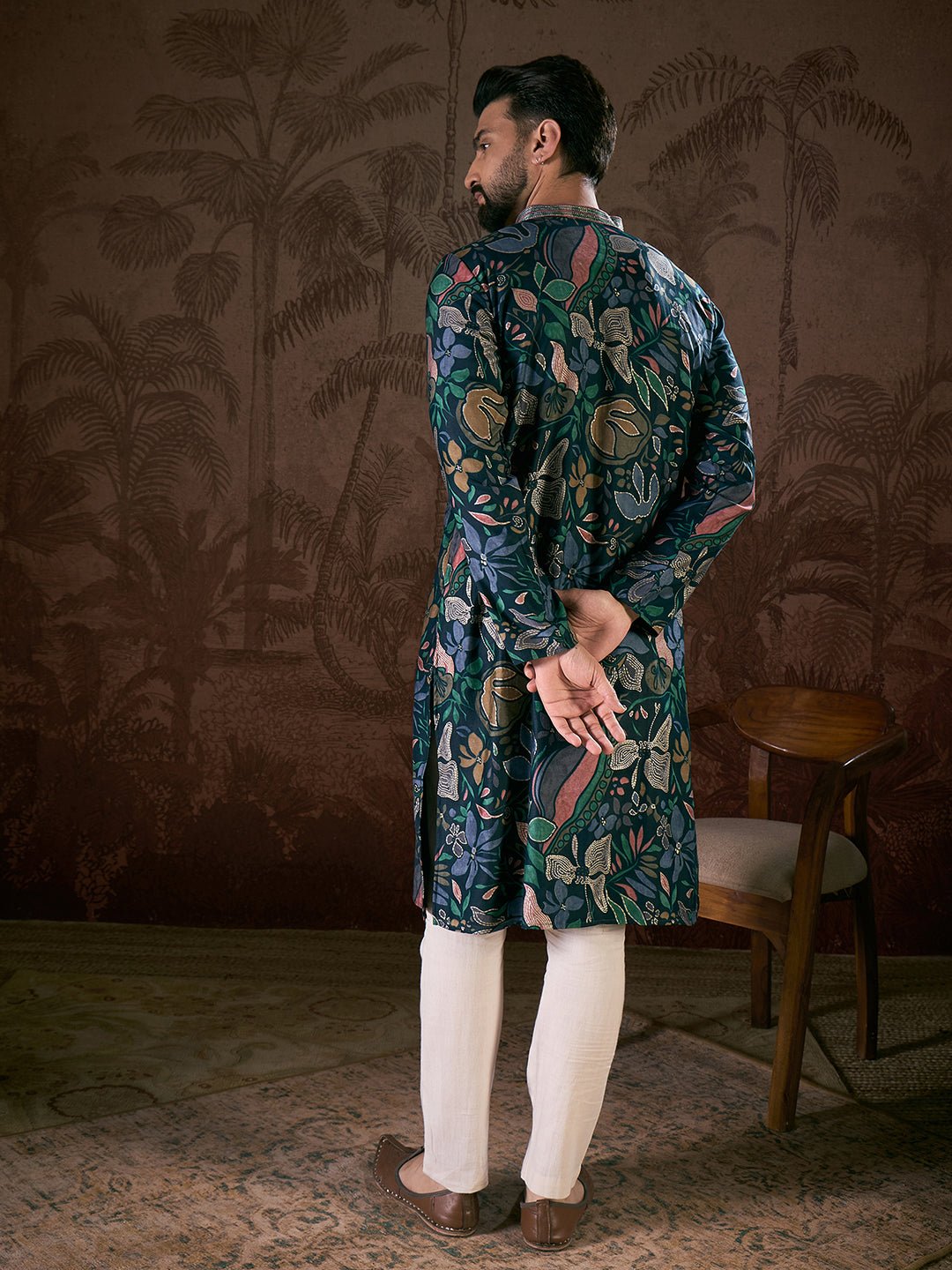 Ethnic Bay Men Blue Silk Blend Floral Printed Straight Kurta With Trouser