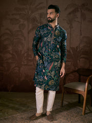 Ethnic Bay Men Blue Silk Blend Floral Printed Straight Kurta With Trouser-MKSET1962