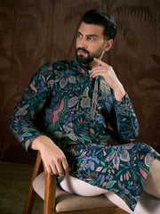 Ethnic Bay Men Blue Silk Blend Floral Printed Straight Kurta With Trouser-MKSET1962