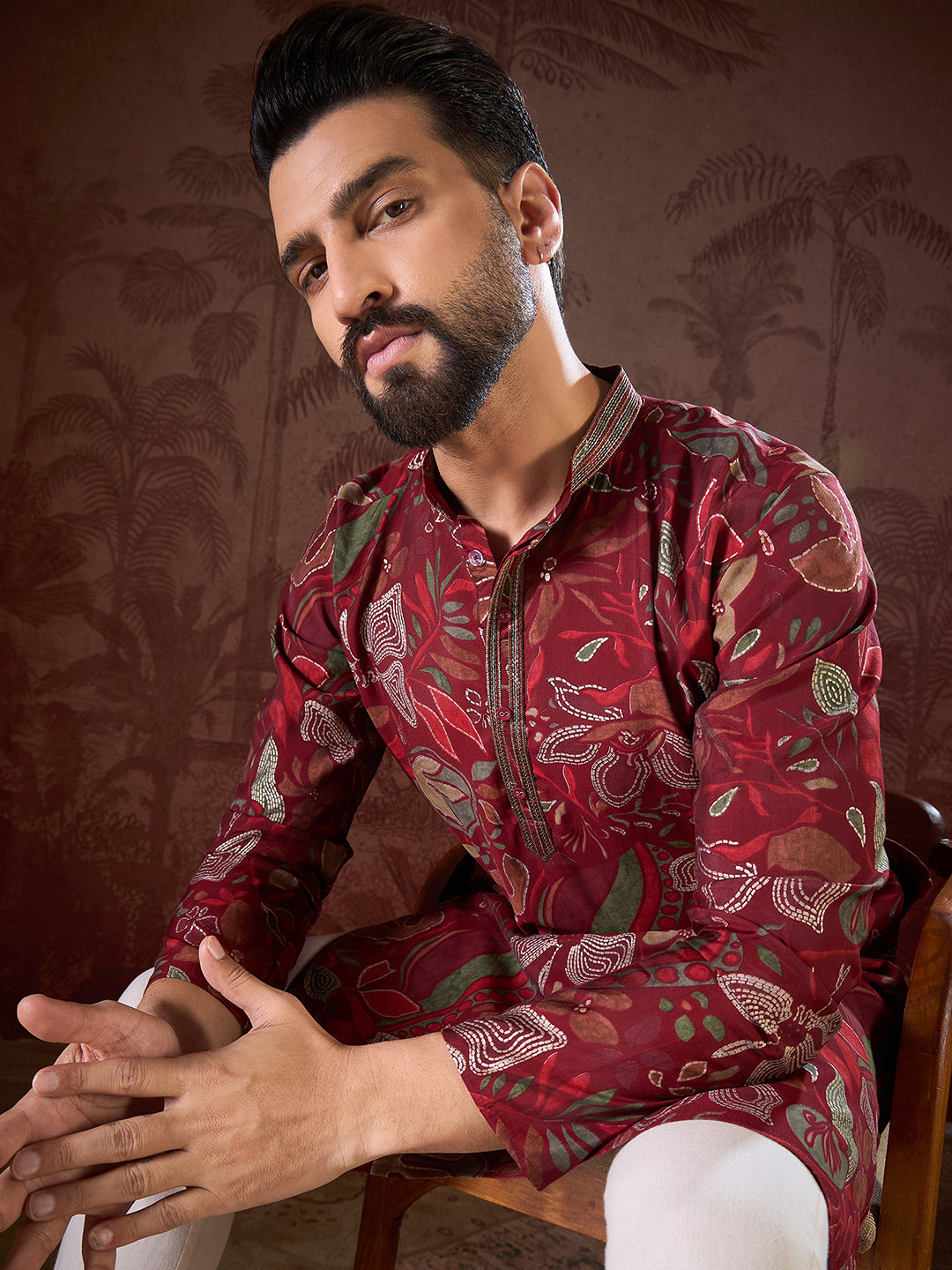 Ethnic Bay Men Maroon Silk Blend Floral Printed Straight Kurta With Trouser