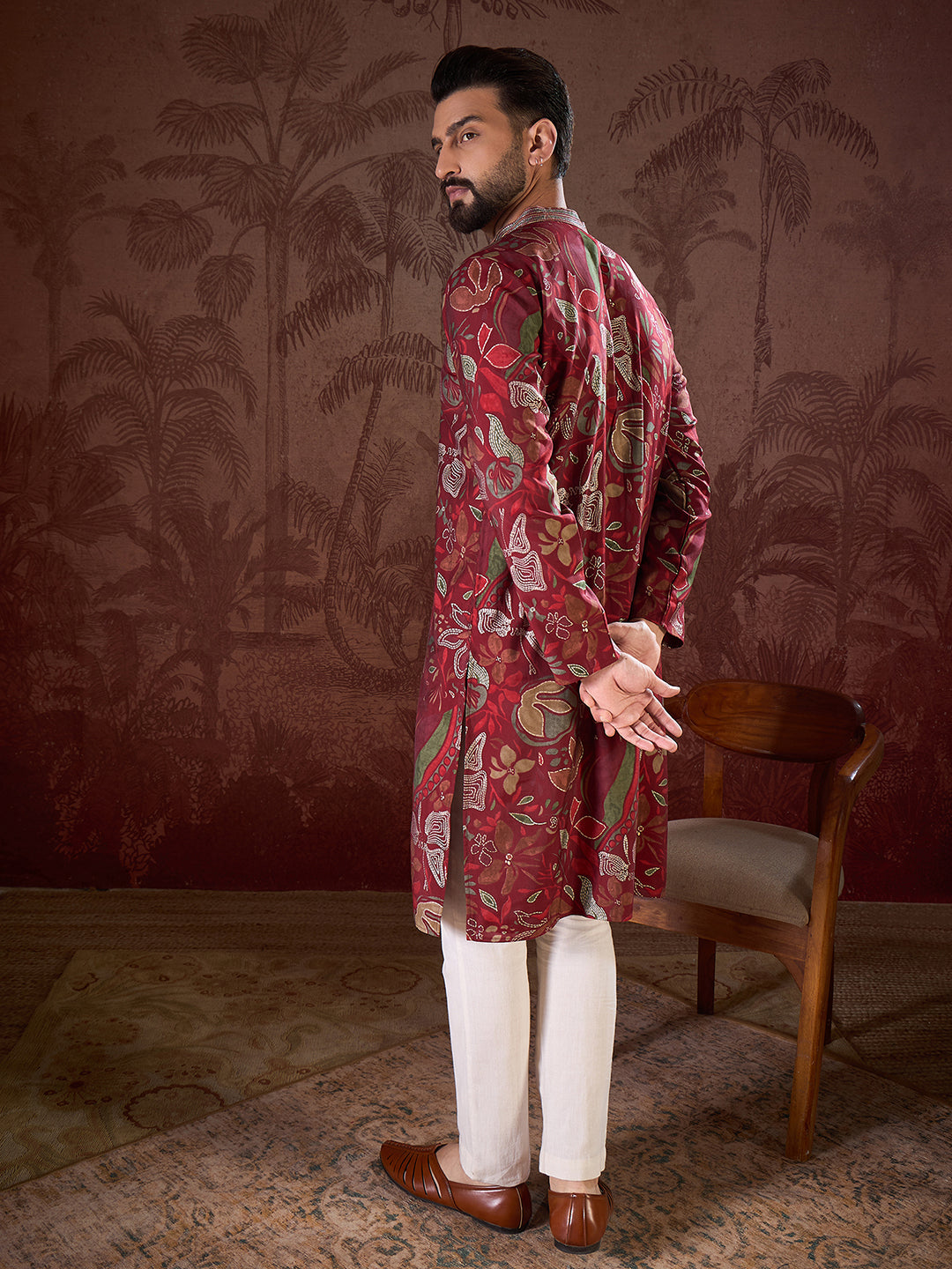Ethnic Bay Men Maroon Silk Blend Floral Printed Straight Kurta With Trouser