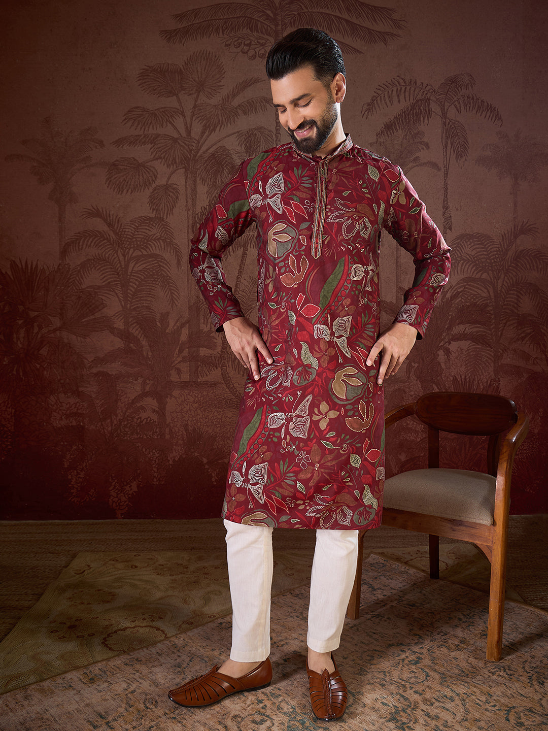 Ethnic Bay Men Maroon Silk Blend Floral Printed Straight Kurta With Trouser