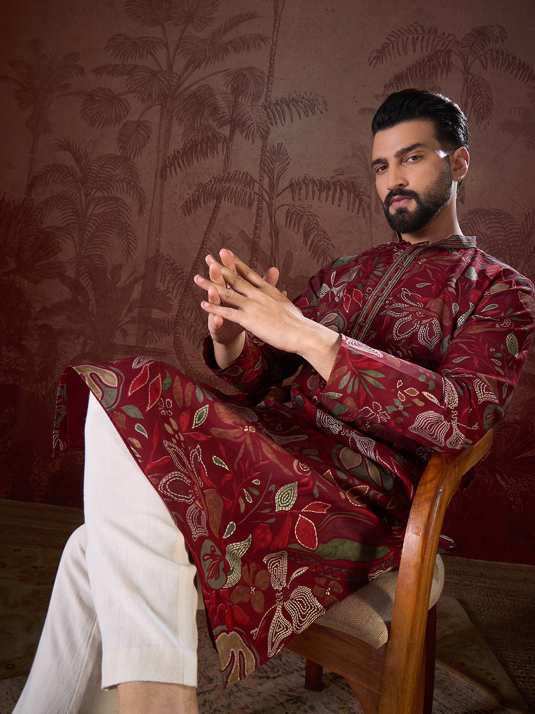 Ethnic Bay Men Maroon Silk Blend Floral Printed Straight Kurta With Trouser