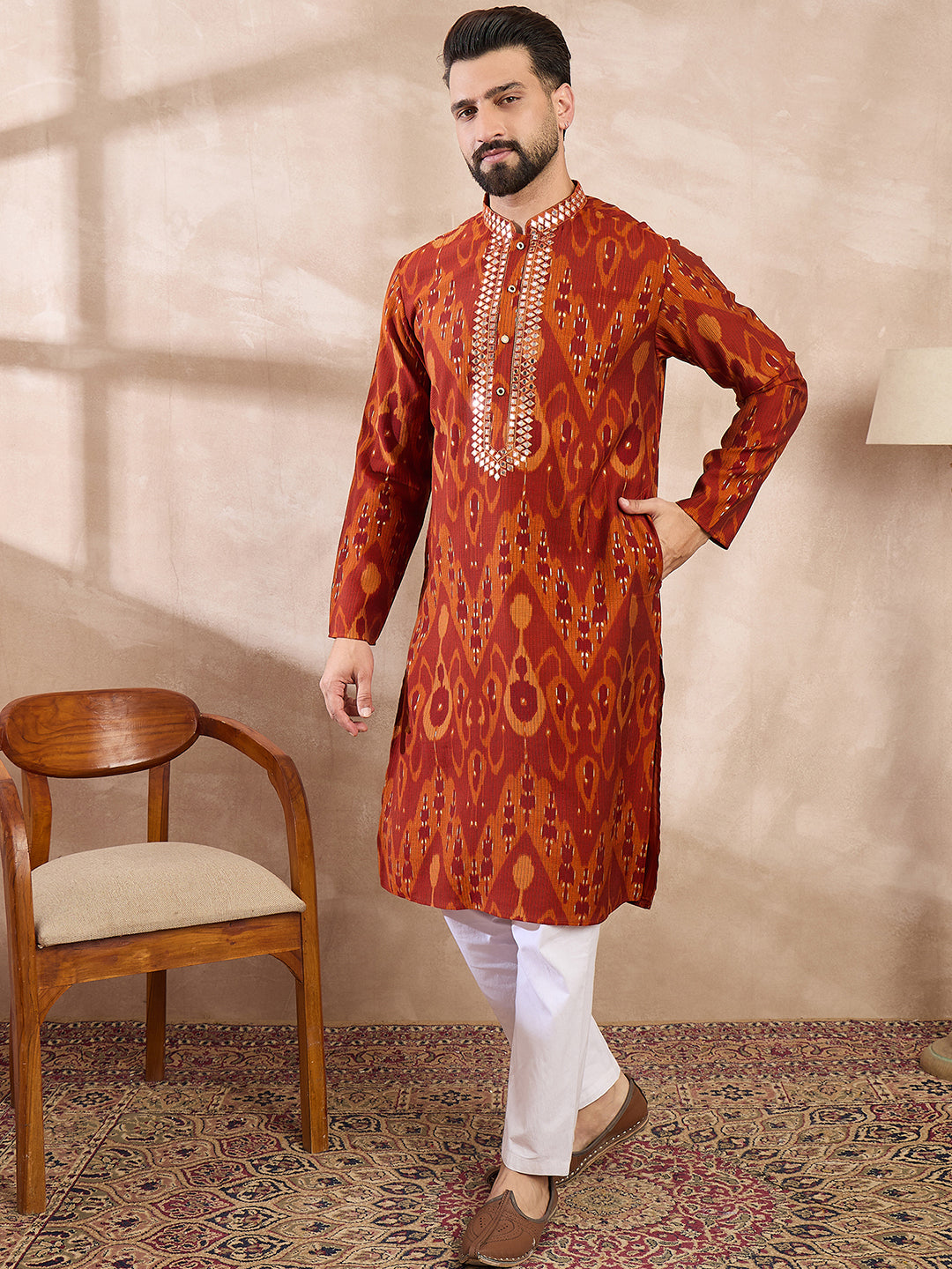 Ethnic Bay Men Orange Silk Blend Chevron Printed Straight Kurta With Trouser