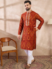 Ethnic Bay Men Orange Silk Blend Chevron Printed Straight Kurta With Trouser-MKSET1964