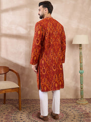 Ethnic Bay Men Orange Silk Blend Chevron Printed Straight Kurta With Trouser-MKSET1964