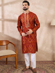 Ethnic Bay Men Orange Silk Blend Chevron Printed Straight Kurta With Trouser-MKSET1964