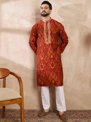 Ethnic Bay Men Orange Silk Blend Chevron Printed Straight Kurta With Trouser-MKSET1964