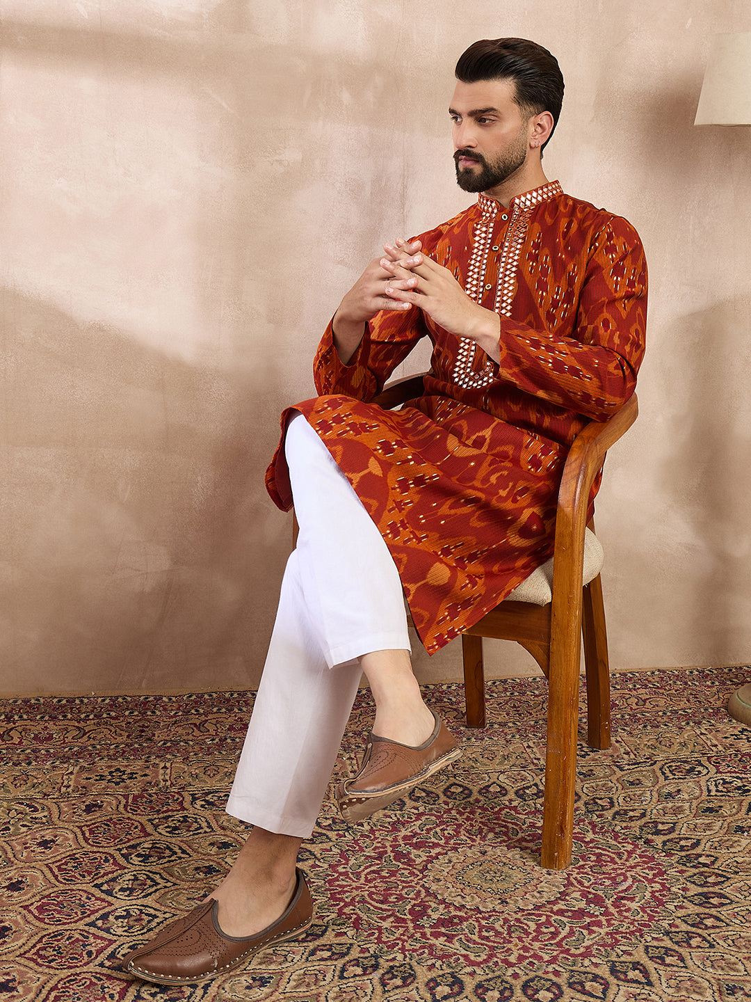 Ethnic Bay Men Orange Silk Blend Chevron Printed Straight Kurta With Trouser
