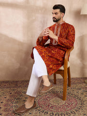 Ethnic Bay Men Orange Silk Blend Chevron Printed Straight Kurta With Trouser-MKSET1964
