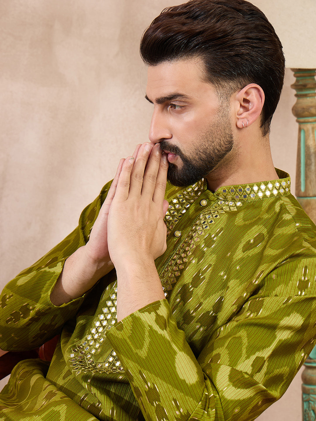 Ethnic Bay Men Green Viscose Rayon Chevron Printed Straight Kurta With Trouser-MKSET1965