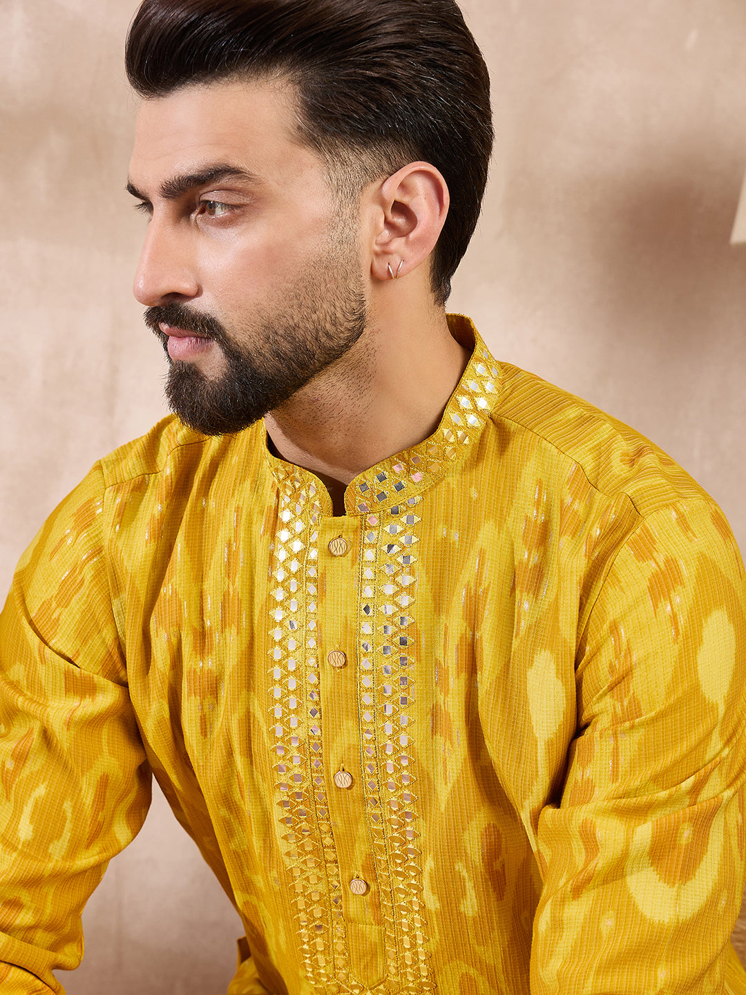 Ethnic Bay Men Yellow Viscose Rayon Chevron Printed Straight Kurta With Trouser