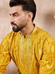 Ethnic Bay Men Yellow Viscose Rayon Chevron Printed Straight Kurta With Trouser-MKSET1966