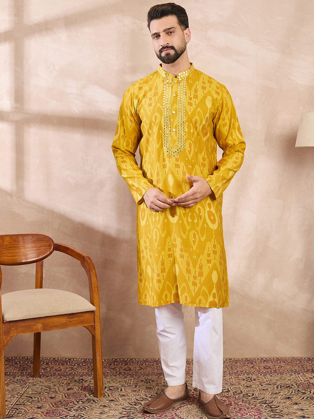 Ethnic Bay Men Yellow Viscose Rayon Chevron Printed Straight Kurta With Trouser