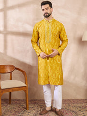 Ethnic Bay Men Yellow Viscose Rayon Chevron Printed Straight Kurta With Trouser-MKSET1966