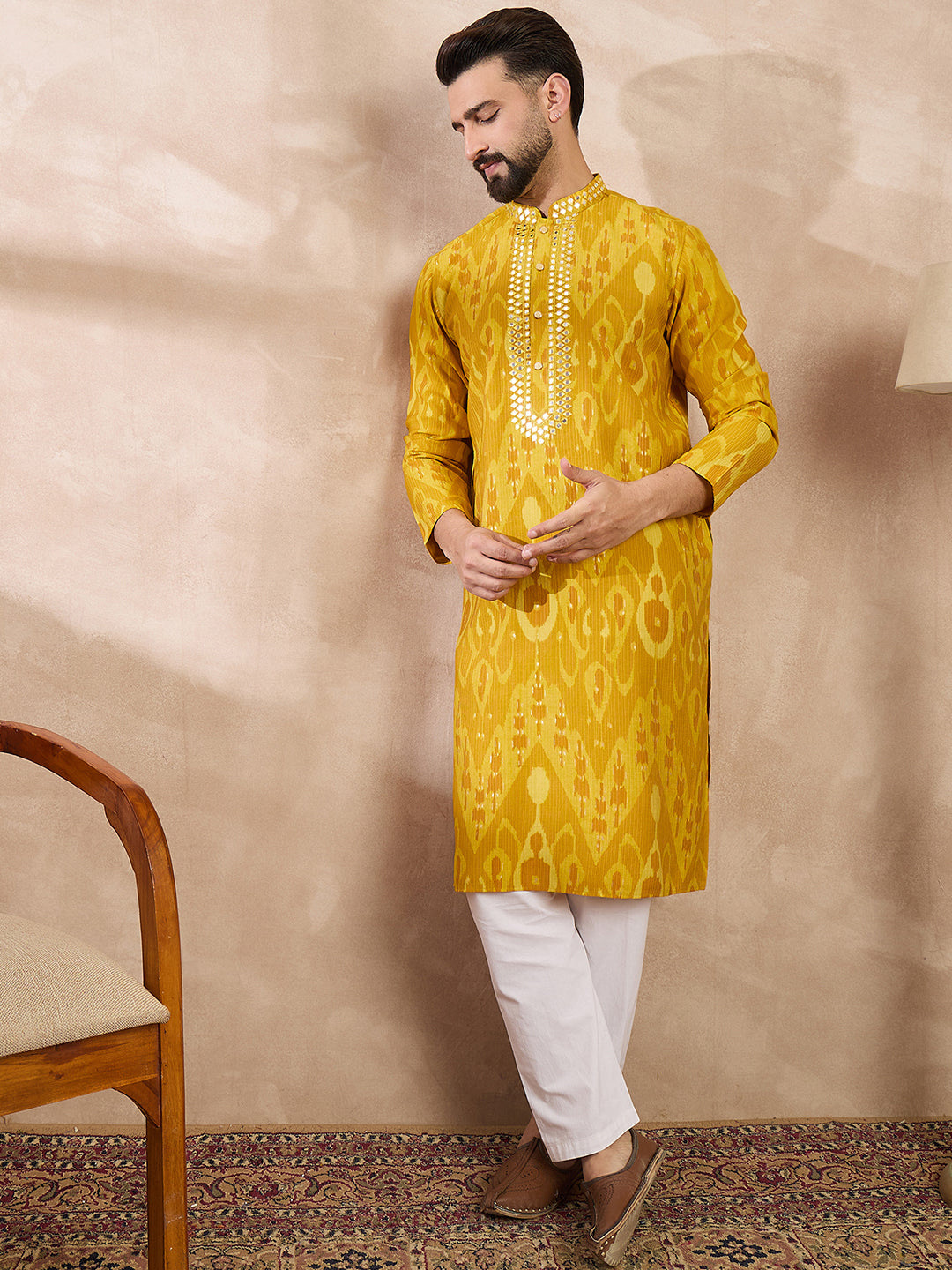 Ethnic Bay Men Yellow Viscose Rayon Chevron Printed Straight Kurta With Trouser