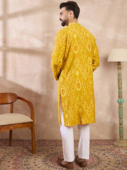 Ethnic Bay Men Yellow Viscose Rayon Chevron Printed Straight Kurta With Trouser-MKSET1966