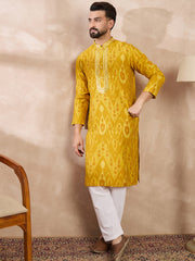Ethnic Bay Men Yellow Viscose Rayon Chevron Printed Straight Kurta With Trouser-MKSET1966