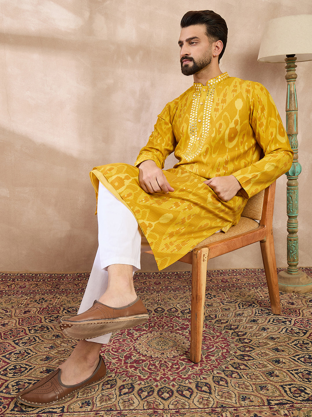 Ethnic Bay Men Yellow Viscose Rayon Chevron Printed Straight Kurta With Trouser