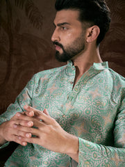 Ethnic Bay Men Turquoise Blue Silk Blend Abstract Printed Straight Kurta With Trouser-MKSET1967