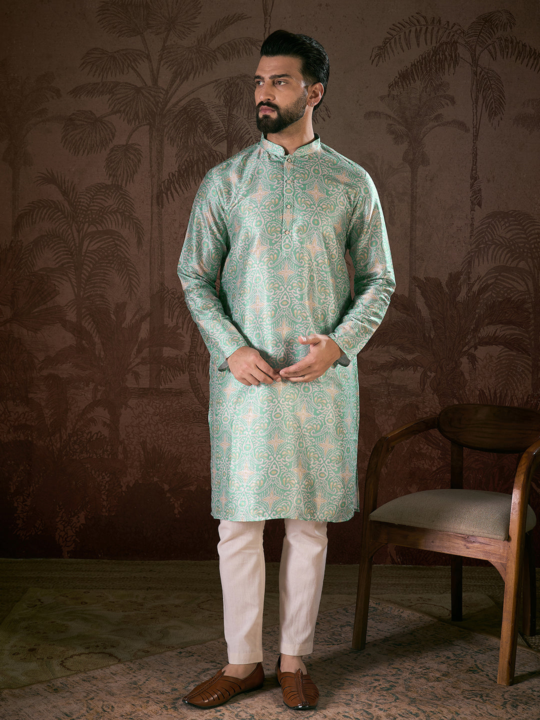 Ethnic Bay Men Turquoise Blue Silk Blend Abstract Printed Straight Kurta With Trouser