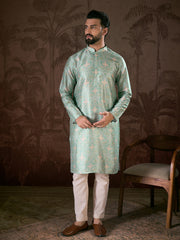 Ethnic Bay Men Turquoise Blue Silk Blend Abstract Printed Straight Kurta With Trouser-MKSET1967