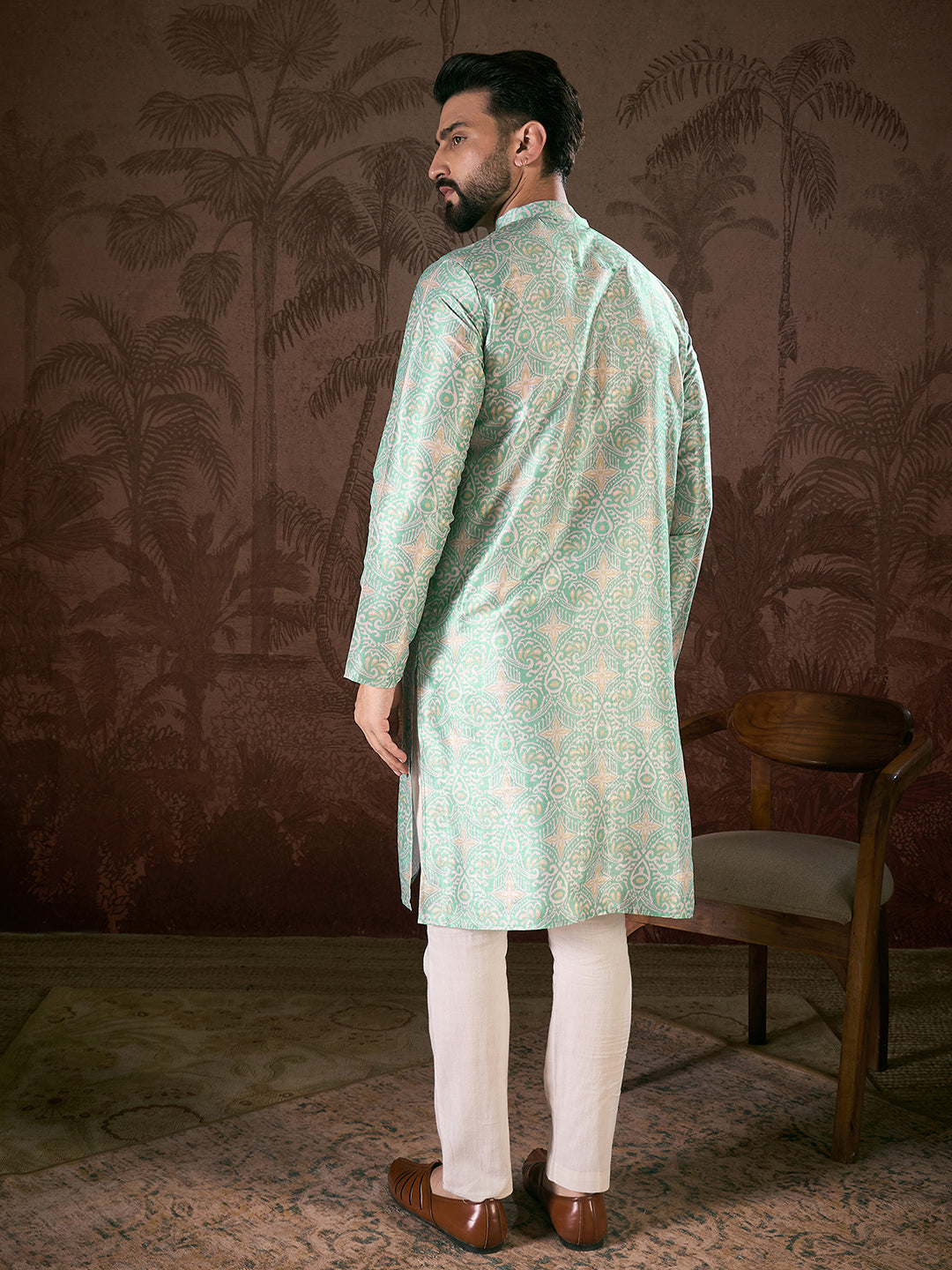 Ethnic Bay Men Turquoise Blue Silk Blend Abstract Printed Straight Kurta With Trouser