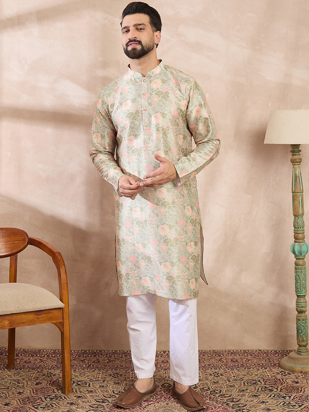 Ethnic Bay Men Green Silk Blend Floral Printed Straight Kurta With Trouser