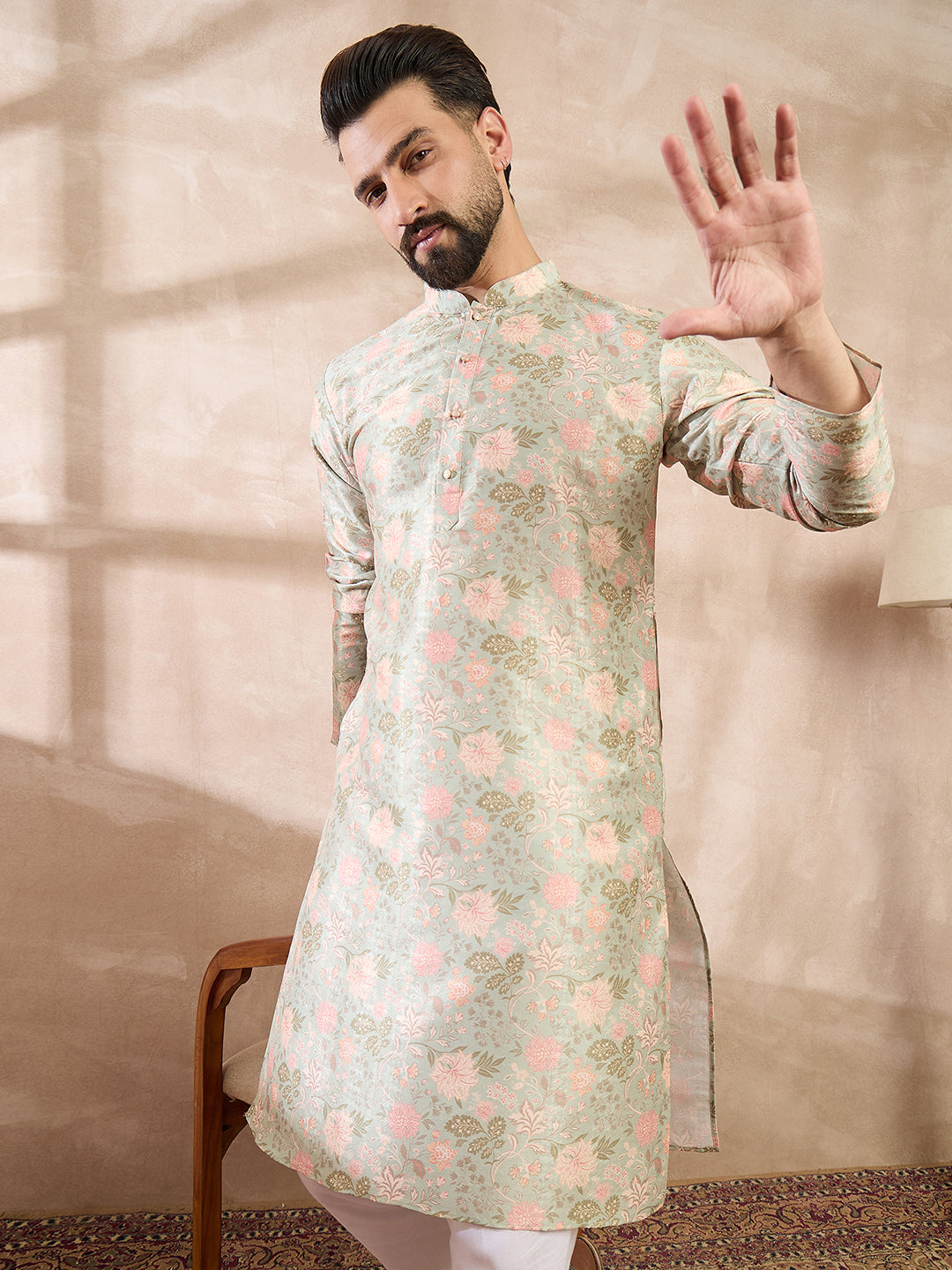 Ethnic Bay Men Green Silk Blend Floral Printed Straight Kurta With Trouser