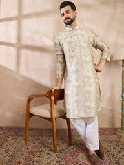 Ethnic Bay Men Green Silk Blend Floral Printed Straight Kurta With Trouser-MKSET1968