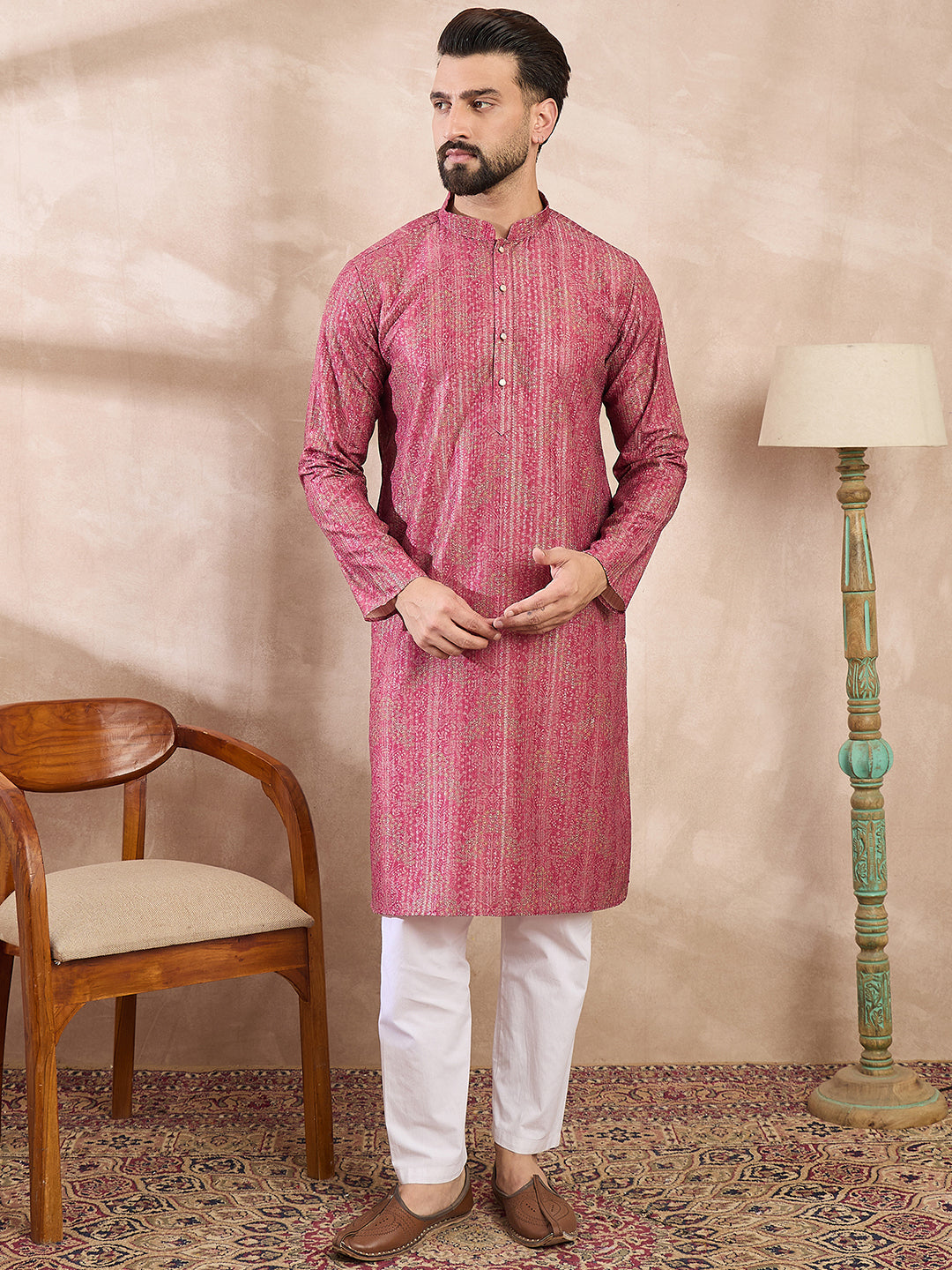 Ethnic Bay Men Pink Silk Blend Floral Printed Straight Kurta With Trouser