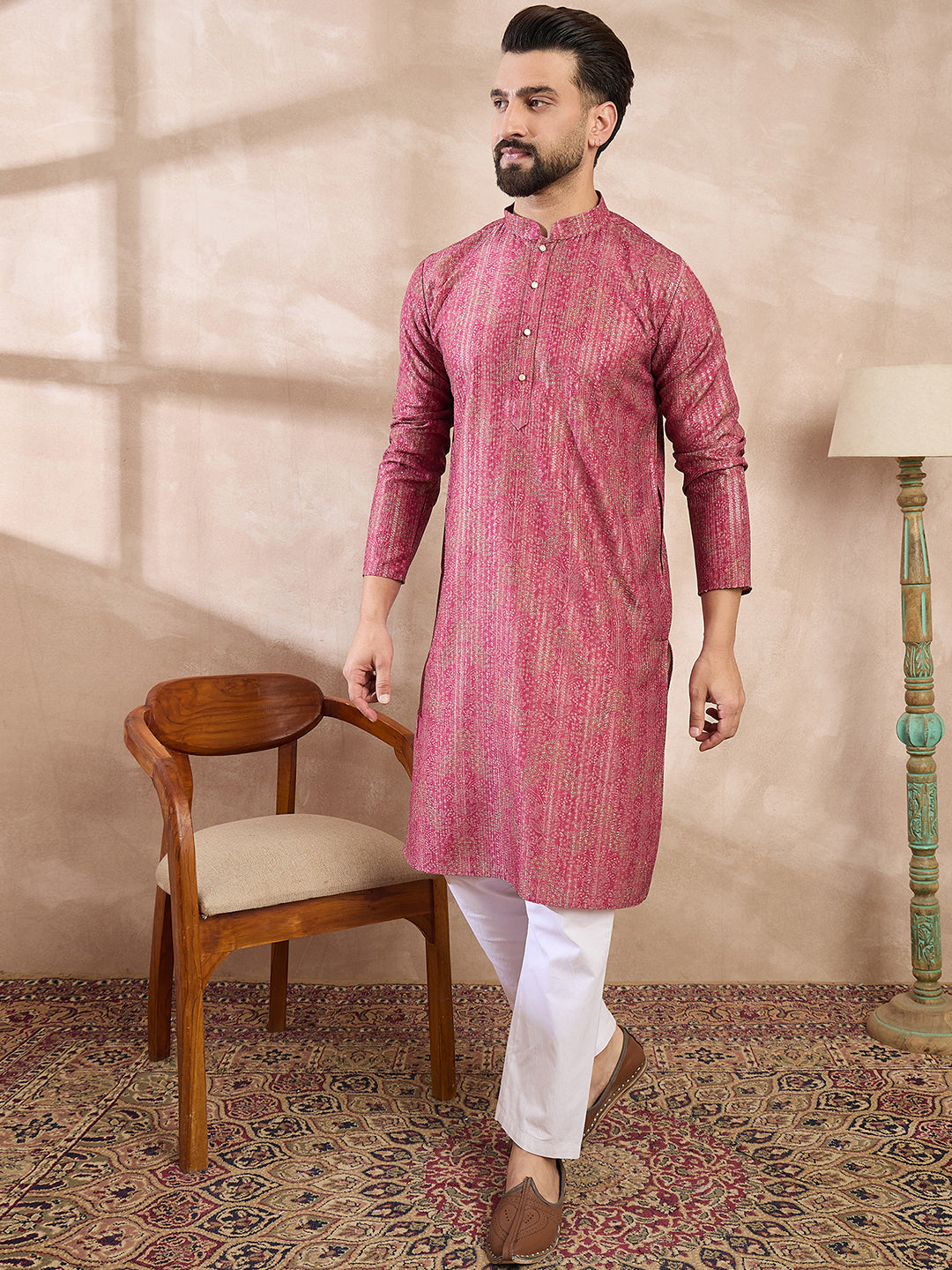 Ethnic Bay Men Pink Silk Blend Floral Printed Straight Kurta With Trouser