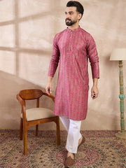 Ethnic Bay Men Pink Silk Blend Floral Printed Straight Kurta With Trouser-MKSET1969