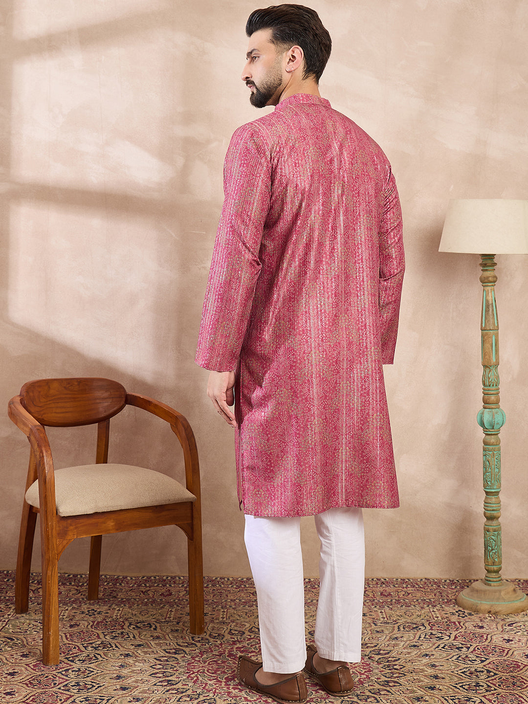 Ethnic Bay Men Pink Silk Blend Floral Printed Straight Kurta With Trouser
