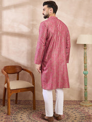 Ethnic Bay Men Pink Silk Blend Floral Printed Straight Kurta With Trouser-MKSET1969