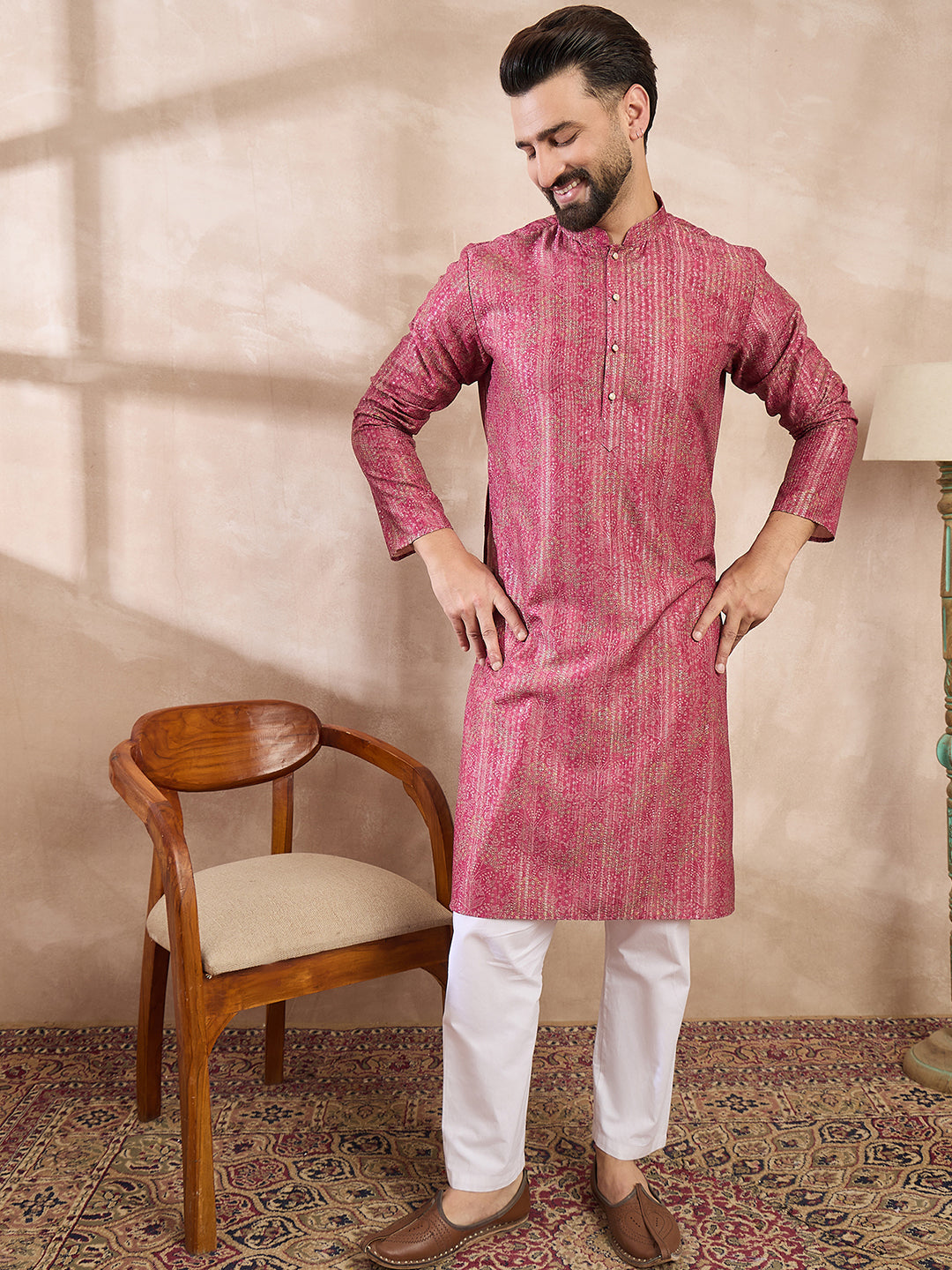 Ethnic Bay Men Pink Silk Blend Floral Printed Straight Kurta With Trouser