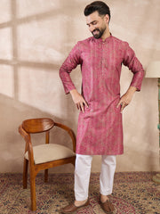 Ethnic Bay Men Pink Silk Blend Floral Printed Straight Kurta With Trouser-MKSET1969