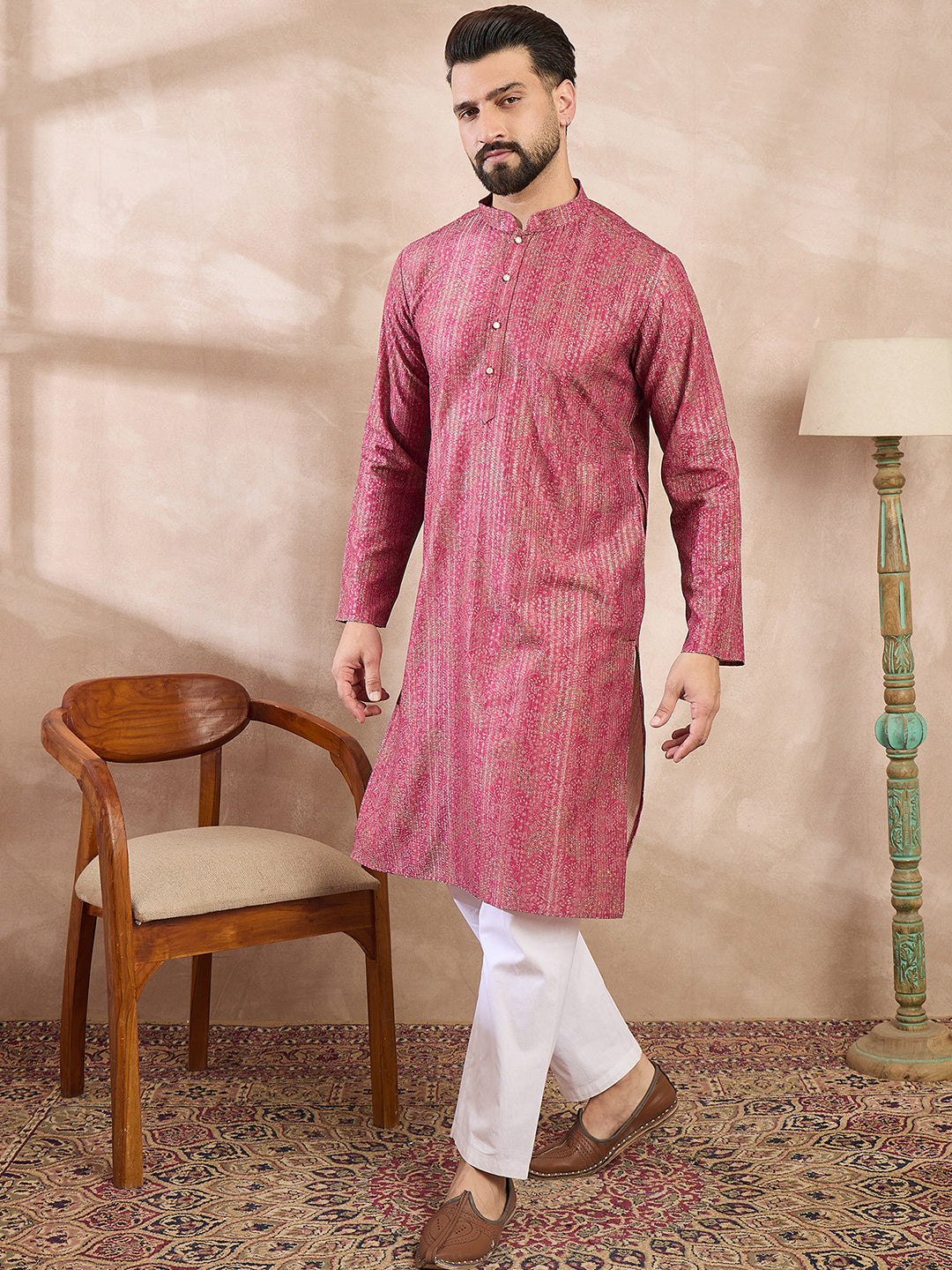 Ethnic Bay Men Pink Silk Blend Floral Printed Straight Kurta With Trouser