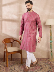 Ethnic Bay Men Pink Silk Blend Floral Printed Straight Kurta With Trouser-MKSET1969