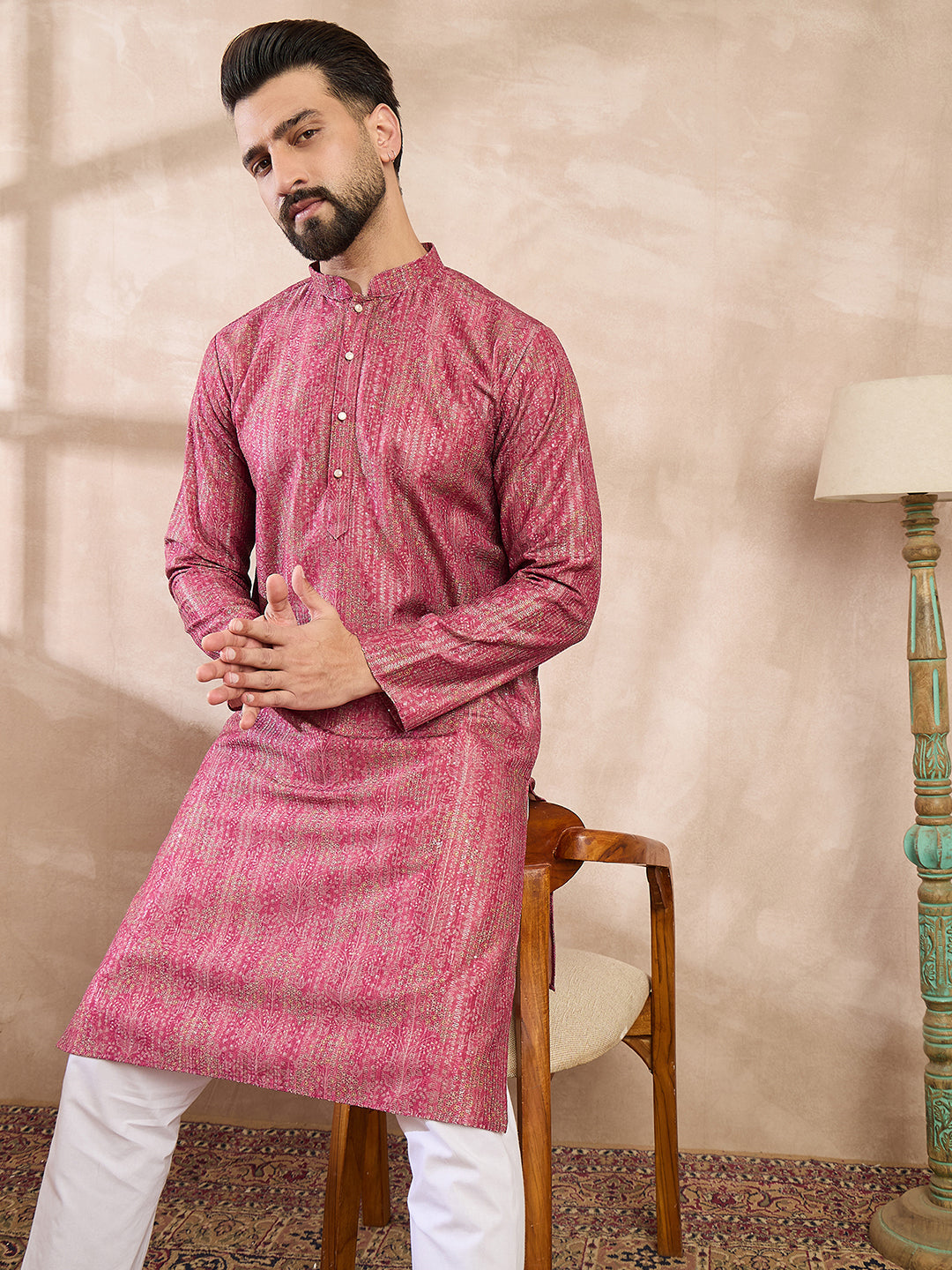 Ethnic Bay Men Pink Silk Blend Floral Printed Straight Kurta With Trouser