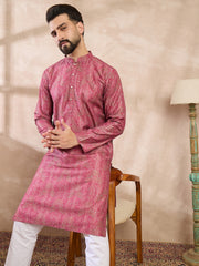 Ethnic Bay Men Pink Silk Blend Floral Printed Straight Kurta With Trouser-MKSET1969