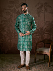 Ethnic Bay Men Teal Silk Blend Floral Printed Straight Kurta With Trouser-MKSET1971
