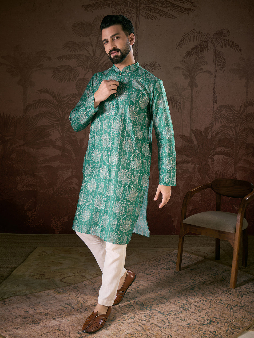 Ethnic Bay Men Teal Silk Blend Floral Printed Straight Kurta With Trouser